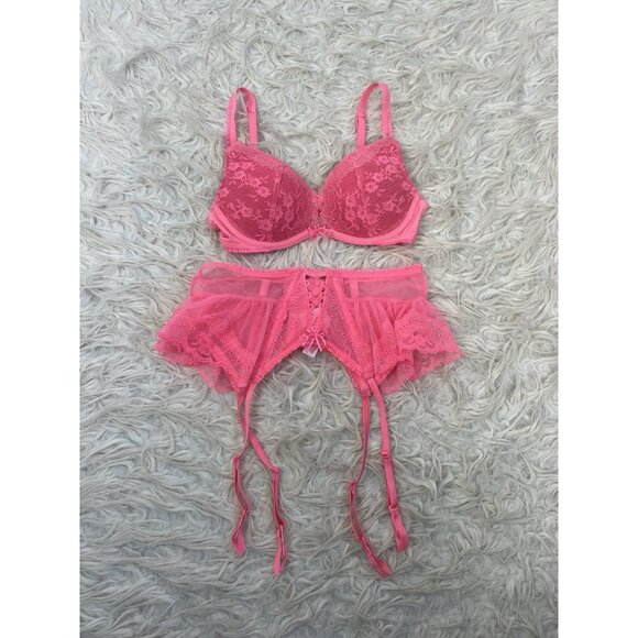 Victorias Secret Hot Pink Unlined Demi Underwire Push Up Bra 32B & Garter XS/S - Picture 1 of 11